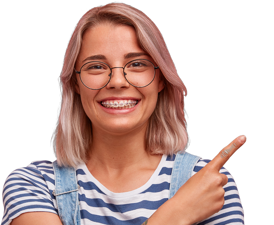 woman wearing braces pointing to the right
